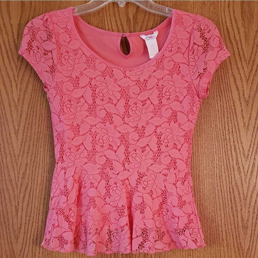 Candie's Pretty Coral Lacy Floral Top Girls Sz. 14